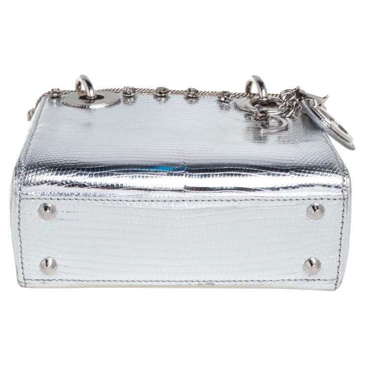Pre Owned Dior Silver Lizard Embossed Leather Flower Studs Mini Lady Dior Tote