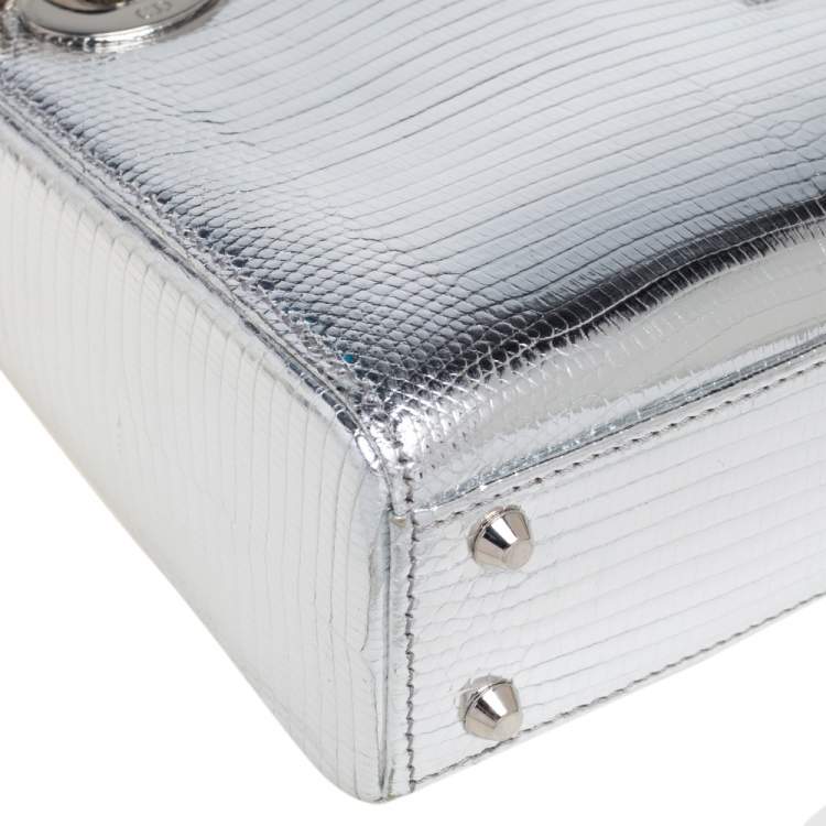Pre Owned Dior Silver Lizard Embossed Leather Flower Studs Mini Lady Dior Tote