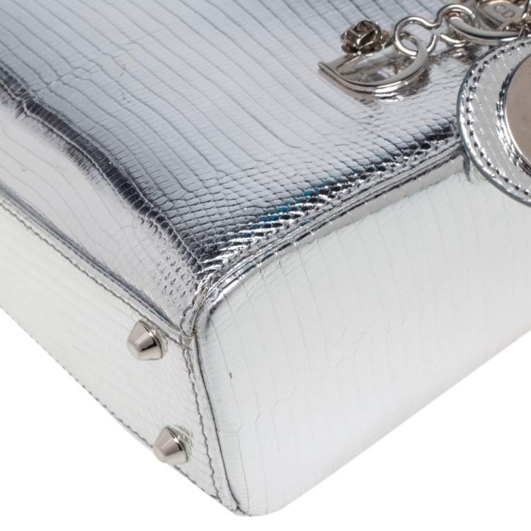 Pre Owned Dior Silver Lizard Embossed Leather Flower Studs Mini Lady Dior Tote