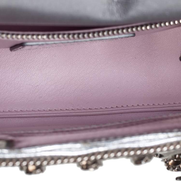 Pre Owned Dior Silver Lizard Embossed Leather Flower Studs Mini Lady Dior Tote