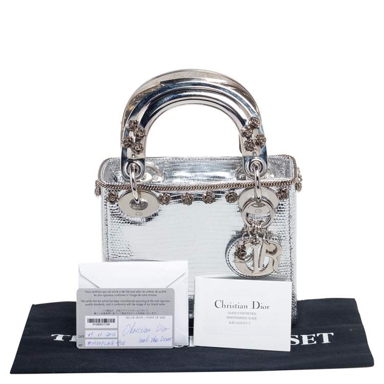 Pre Owned Dior Silver Lizard Embossed Leather Flower Studs Mini Lady Dior Tote