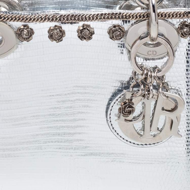 Pre Owned Dior Silver Lizard Embossed Leather Flower Studs Mini Lady Dior Tote