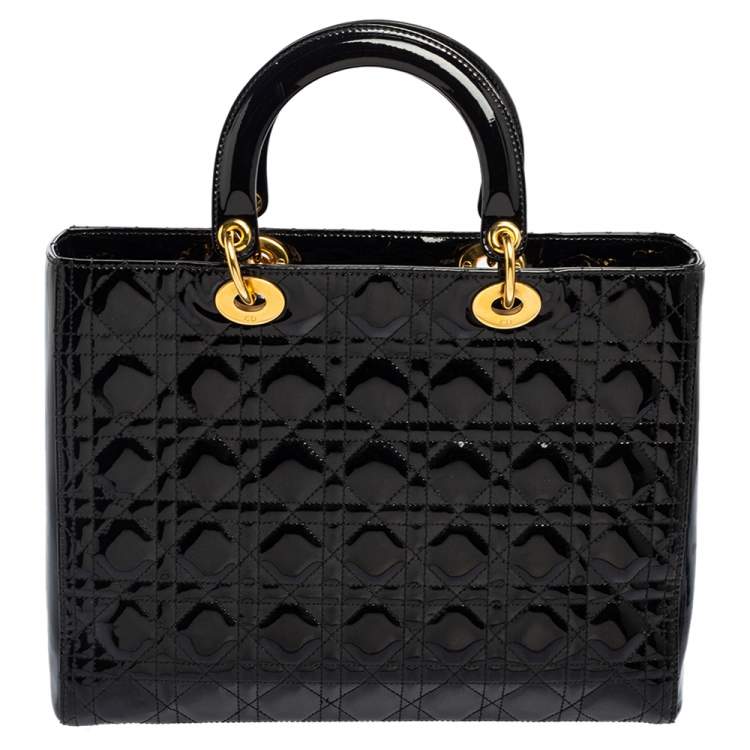 Pre Owned Dior Black Cannage Patent Leather Large Lady Dior Tote
