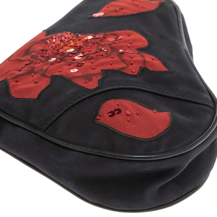 Pre Owned Dior Black/Red Floral Print Fabric Limited Edition Saddle Bag