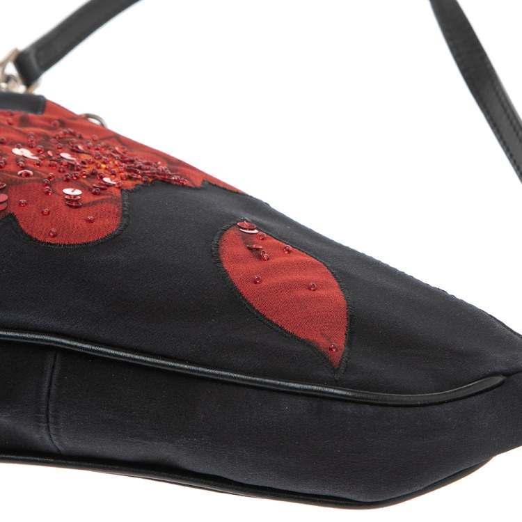 Pre Owned Dior Black/Red Floral Print Fabric Limited Edition Saddle Bag