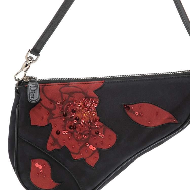 Pre Owned Dior Black/Red Floral Print Fabric Limited Edition Saddle Bag