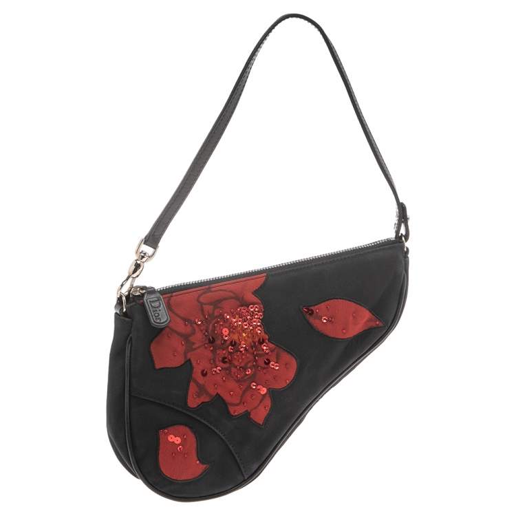 Pre Owned Dior Black/Red Floral Print Fabric Limited Edition Saddle Bag