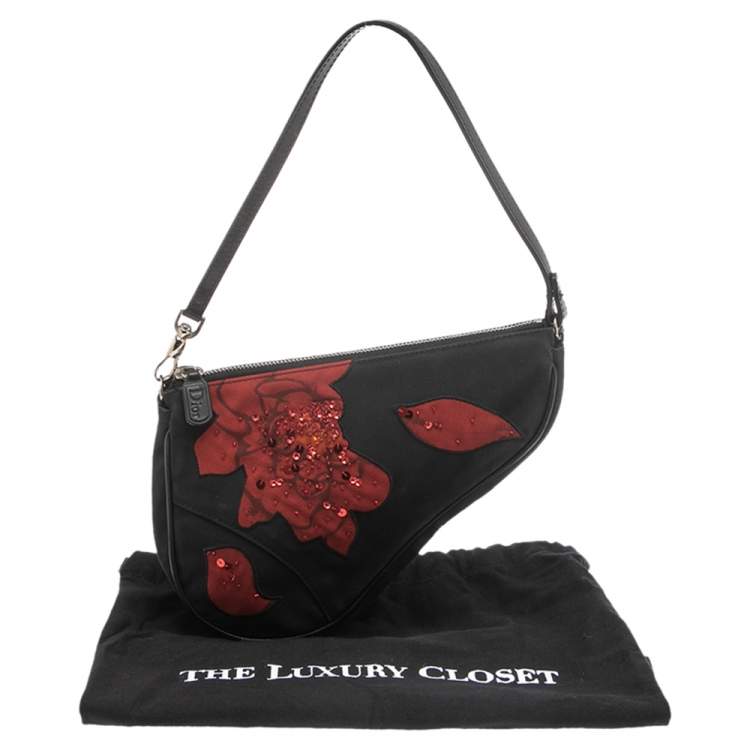 Pre Owned Dior Black/Red Floral Print Fabric Limited Edition Saddle Bag