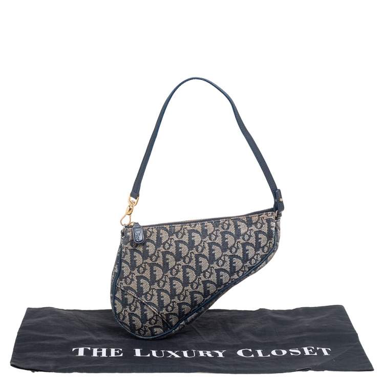 Pre Owned Dior Navy Blue/Grey Oblique Canvas and Leather Saddle Pochette Bag