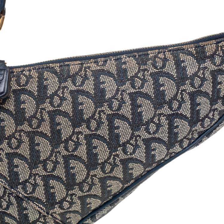 Pre Owned Dior Navy Blue/Grey Oblique Canvas and Leather Saddle Pochette Bag