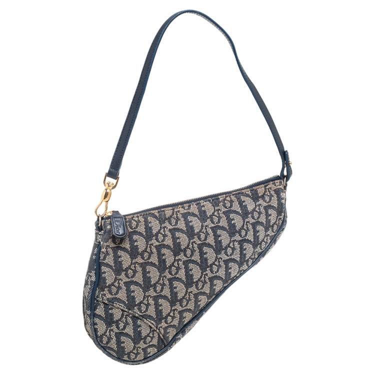 Pre Owned Dior Navy Blue/Grey Oblique Canvas and Leather Saddle Pochette Bag