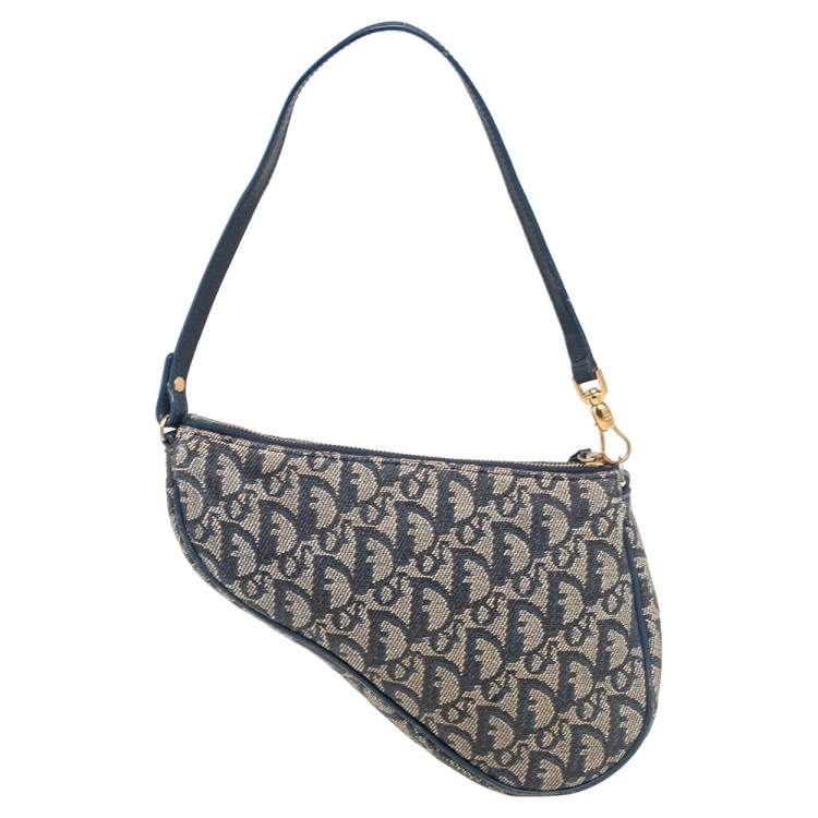 Pre Owned Dior Navy Blue/Grey Oblique Canvas and Leather Saddle Pochette Bag