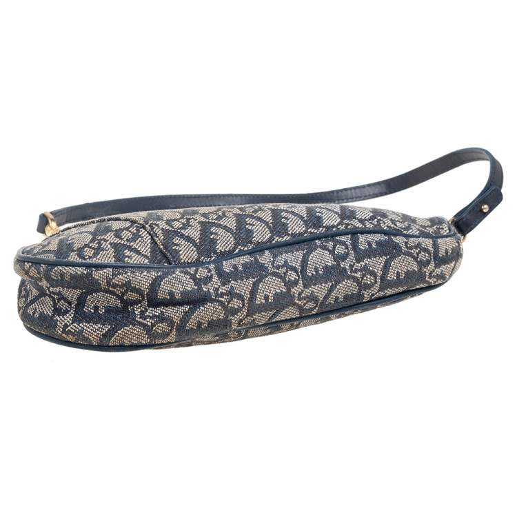 Pre Owned Dior Navy Blue/Grey Oblique Canvas and Leather Saddle Pochette Bag