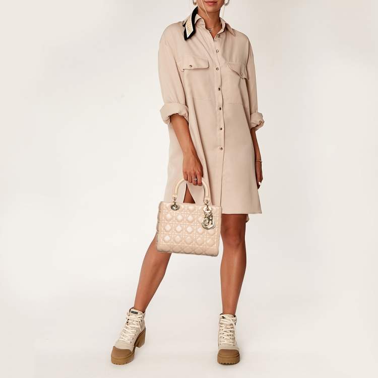 Pre Owned Dior Beige Cannage Leather Medium Lady Dior Tote 