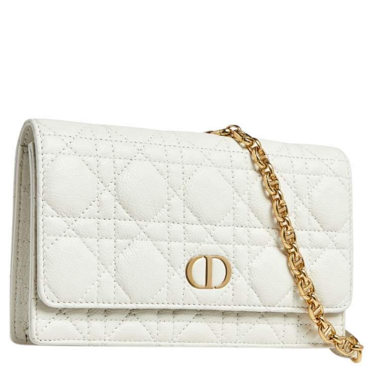 Pre Owned Dior White Cannage Leather Caro Belt Pouch with Chain