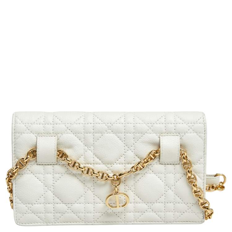 Pre Owned Dior White Cannage Leather Caro Belt Pouch with Chain
