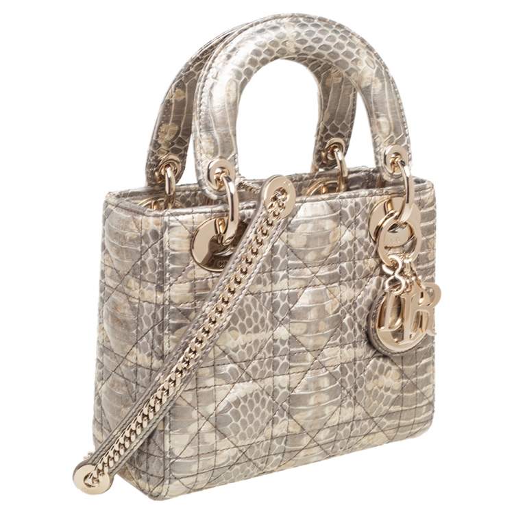 Pre Owned Dior Beige/Gold Python Mini Lady Dior Chain Tote