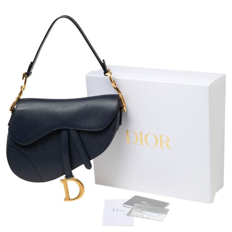 Pre Owned Dior Navy Blue Grained Leather Saddle Bag