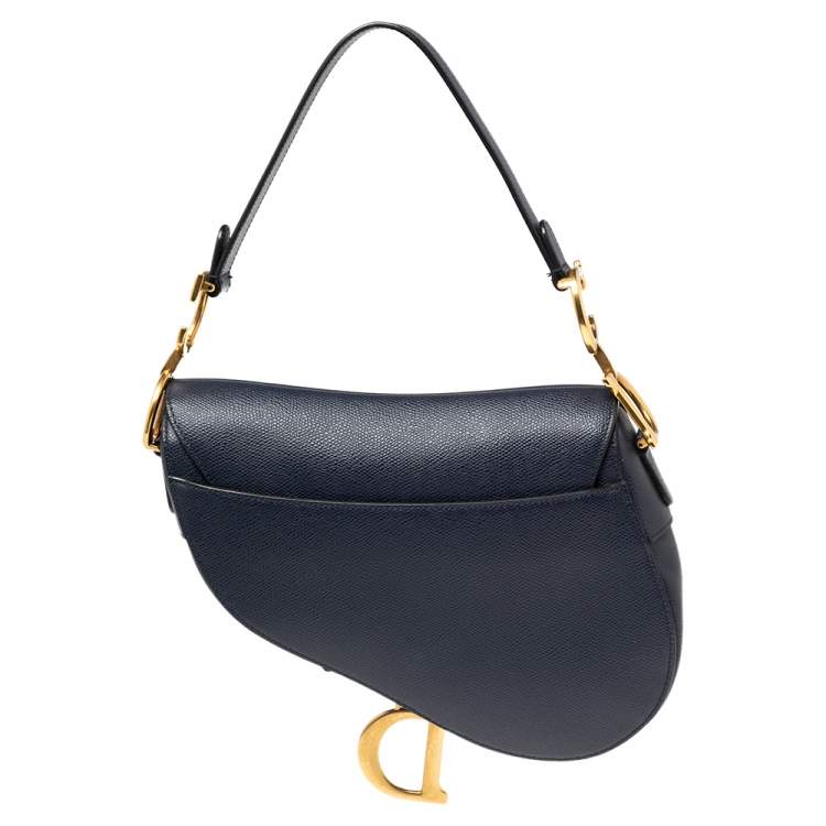 Pre Owned Dior Navy Blue Grained Leather Saddle Bag
