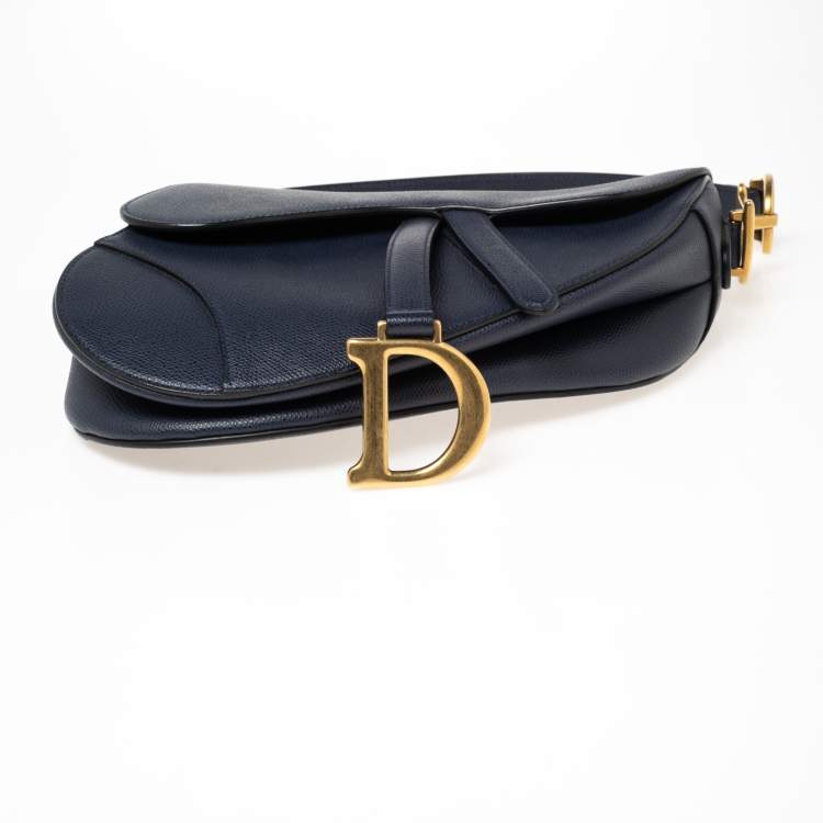 Pre Owned Dior Navy Blue Grained Leather Saddle Bag