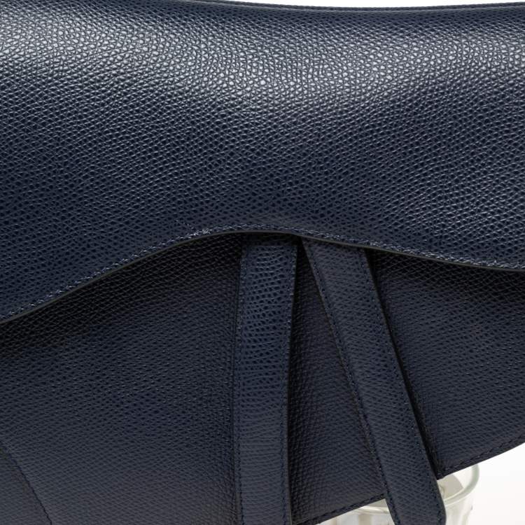 Pre Owned Dior Navy Blue Grained Leather Saddle Bag
