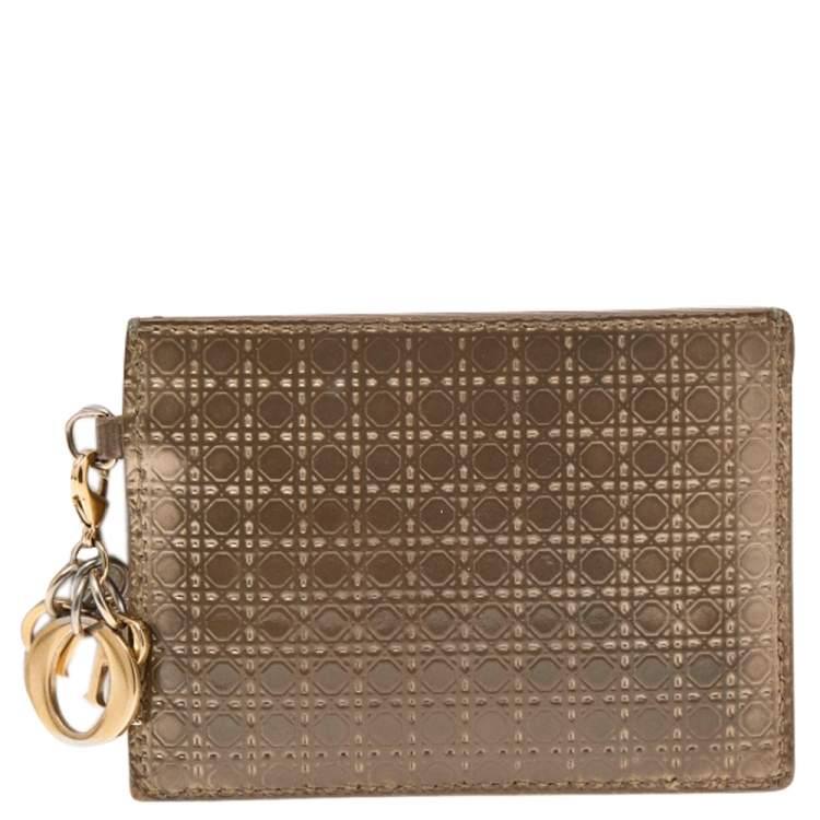 Pre Owned Dior Metallic Gold Micro Cannage Patent Leather Lady Dior Card Holder
