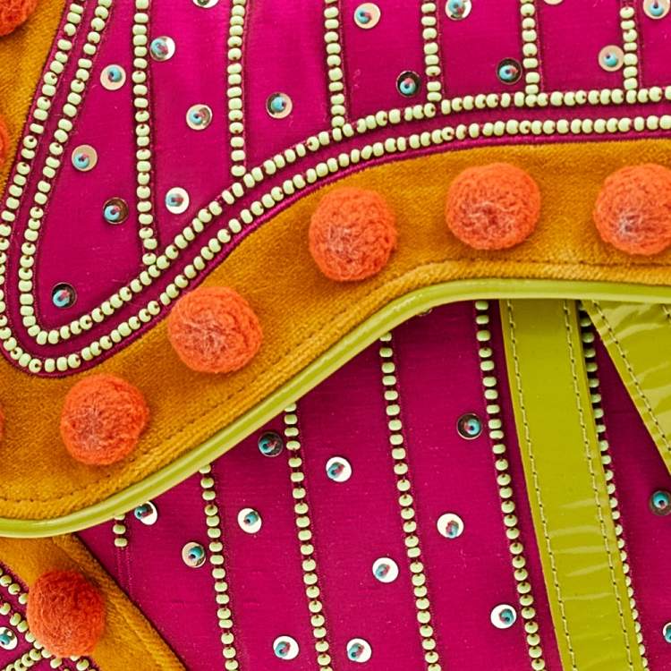 Pre Owned Dior Multicolor Velvet And Patent Leather Limited Edition Pom Pom Embellished Saddle Bag