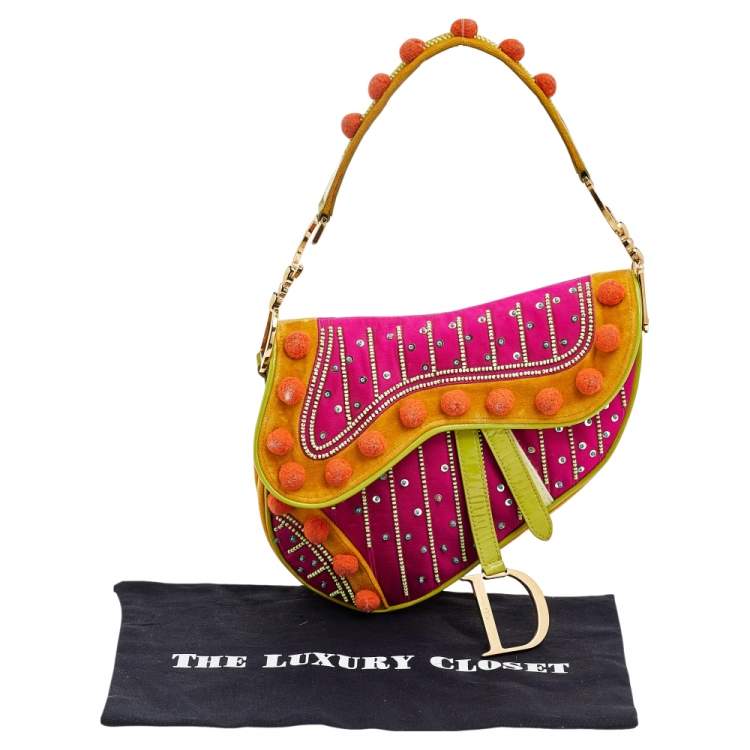 Pre Owned Dior Multicolor Velvet And Patent Leather Limited Edition Pom Pom Embellished Saddle Bag