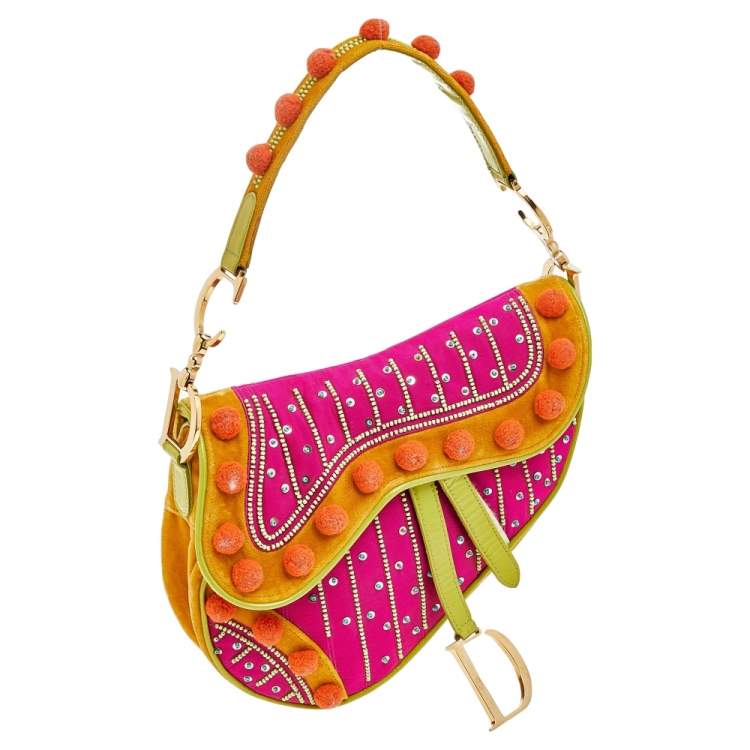 Pre Owned Dior Multicolor Velvet And Patent Leather Limited Edition Pom Pom Embellished Saddle Bag