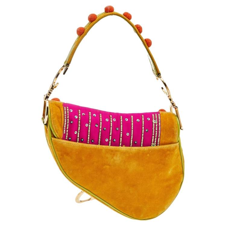 Pre Owned Dior Multicolor Velvet And Patent Leather Limited Edition Pom Pom Embellished Saddle Bag