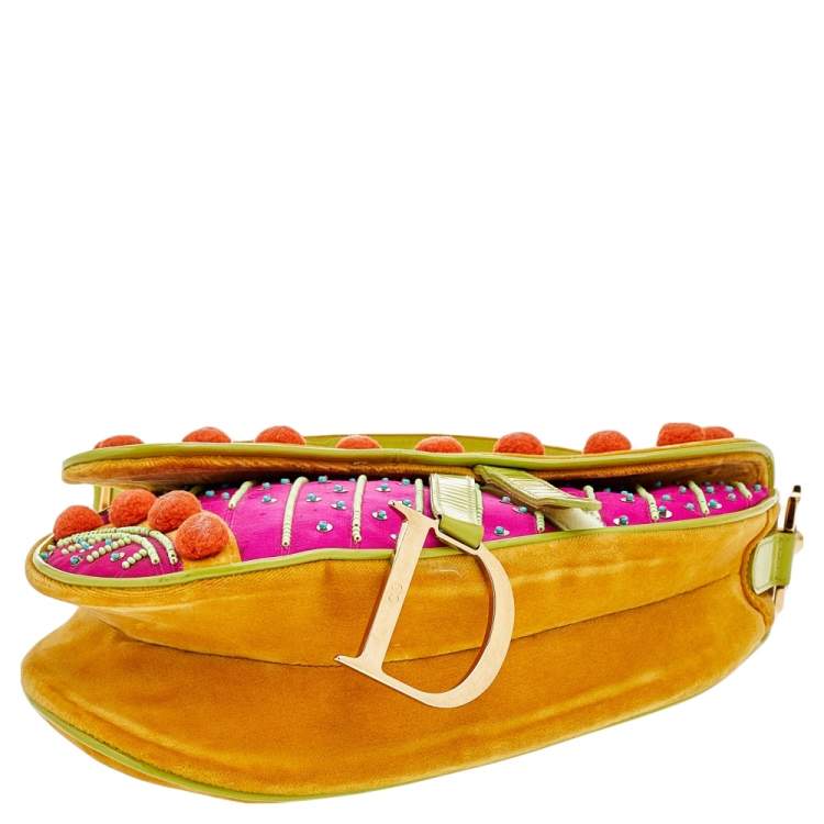 Pre Owned Dior Multicolor Velvet And Patent Leather Limited Edition Pom Pom Embellished Saddle Bag