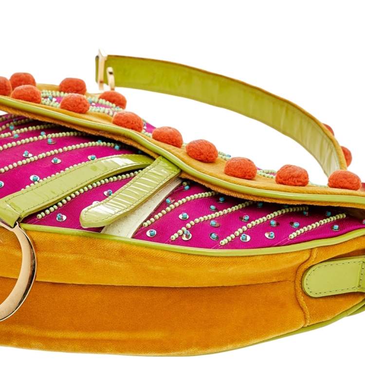 Pre Owned Dior Multicolor Velvet And Patent Leather Limited Edition Pom Pom Embellished Saddle Bag