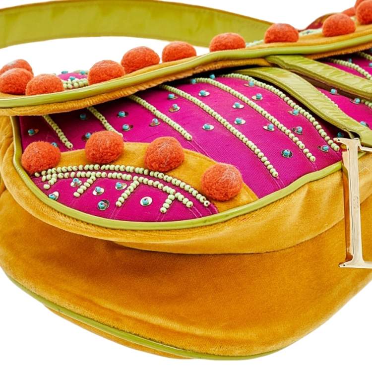 Pre Owned Dior Multicolor Velvet And Patent Leather Limited Edition Pom Pom Embellished Saddle Bag