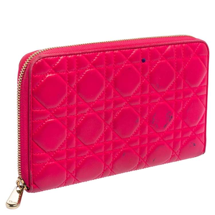 Pre Owned Dior Pink Cannage Leather Zip Around Organizer Wallet
