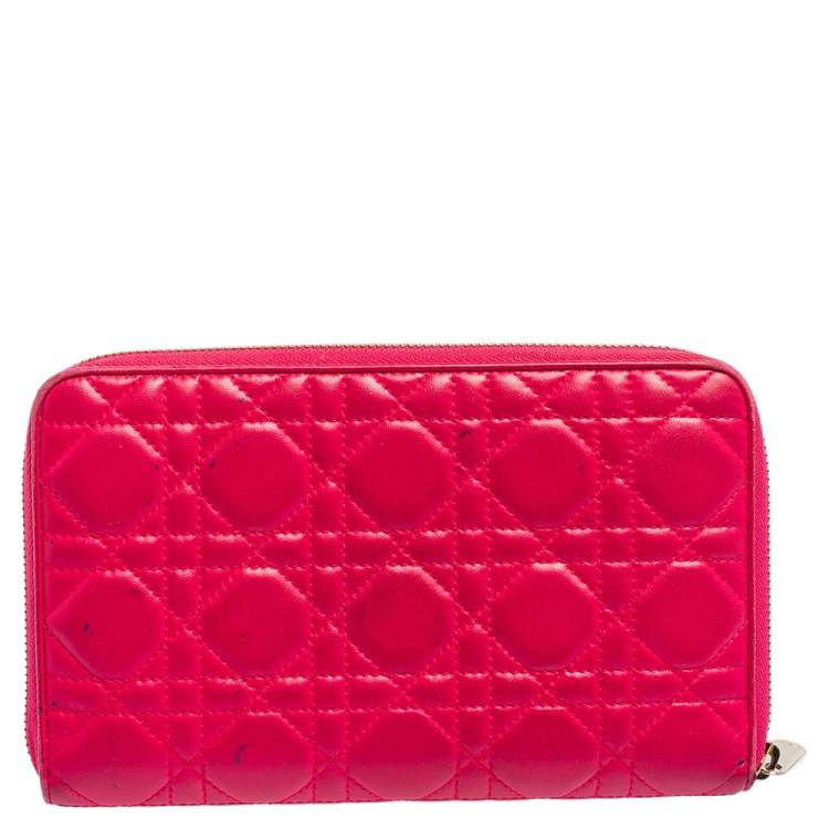 Pre Owned Dior Pink Cannage Leather Zip Around Organizer Wallet