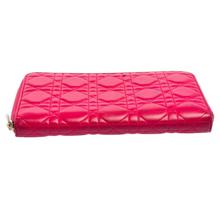 Pre Owned Dior Pink Cannage Leather Zip Around Organizer Wallet