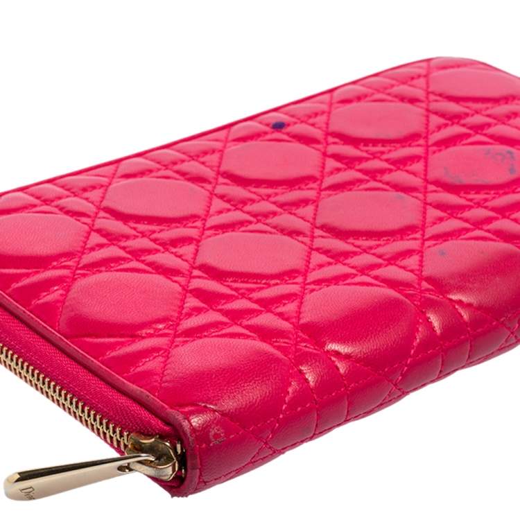 Pre Owned Dior Pink Cannage Leather Zip Around Organizer Wallet