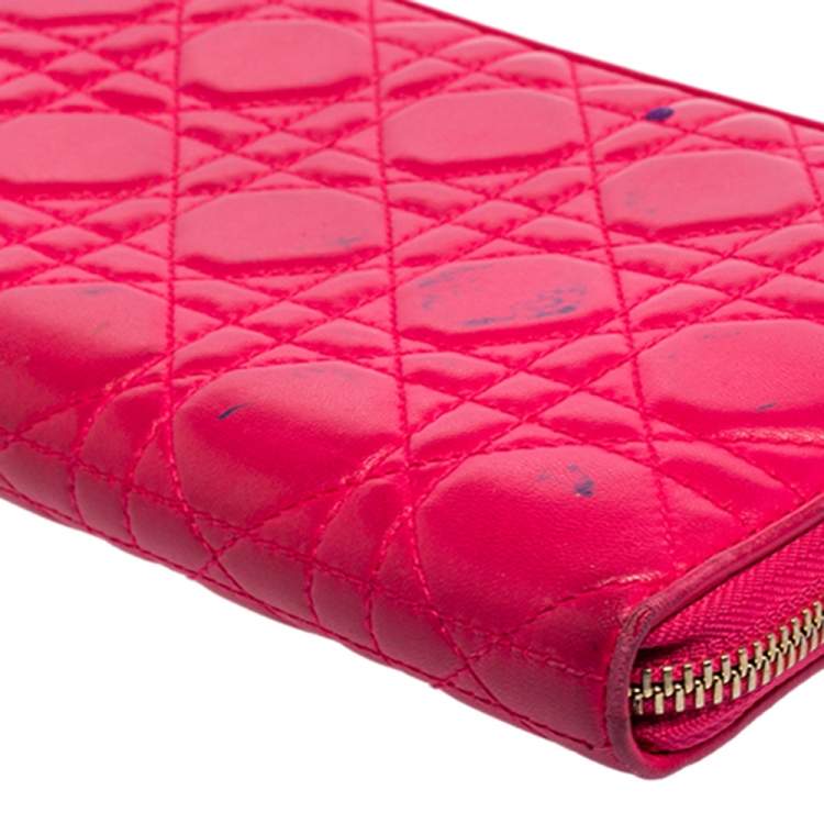 Pre Owned Dior Pink Cannage Leather Zip Around Organizer Wallet