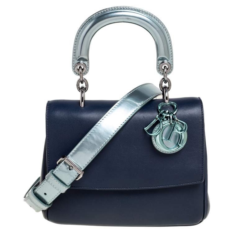 Pre Owned Dior Navy Blue/Metallic Mint Green Leather Mini Be Dior Top Handle Bag
