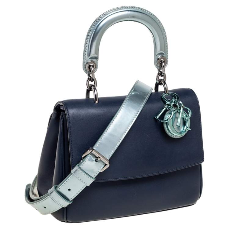 Pre Owned Dior Navy Blue/Metallic Mint Green Leather Mini Be Dior Top Handle Bag