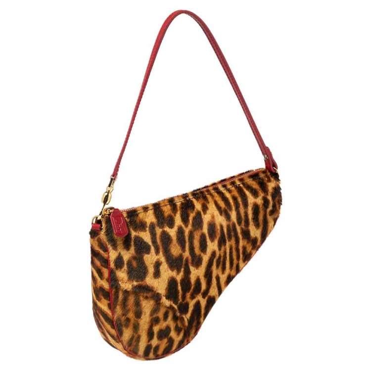 Pre Owned Dior Brown Leopard Print Pony Hair Two-Way Saddle Bag