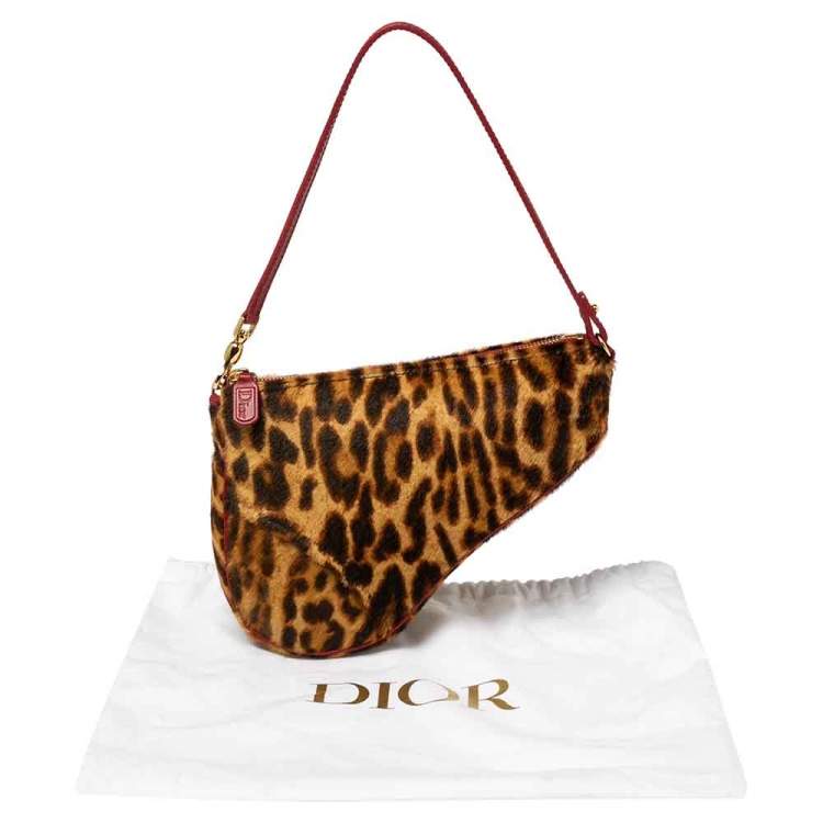 Pre Owned Dior Brown Leopard Print Pony Hair Two-Way Saddle Bag