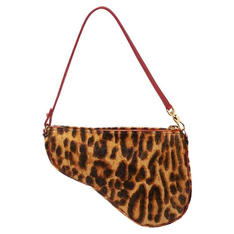 Pre Owned Dior Brown Leopard Print Pony Hair Two-Way Saddle Bag