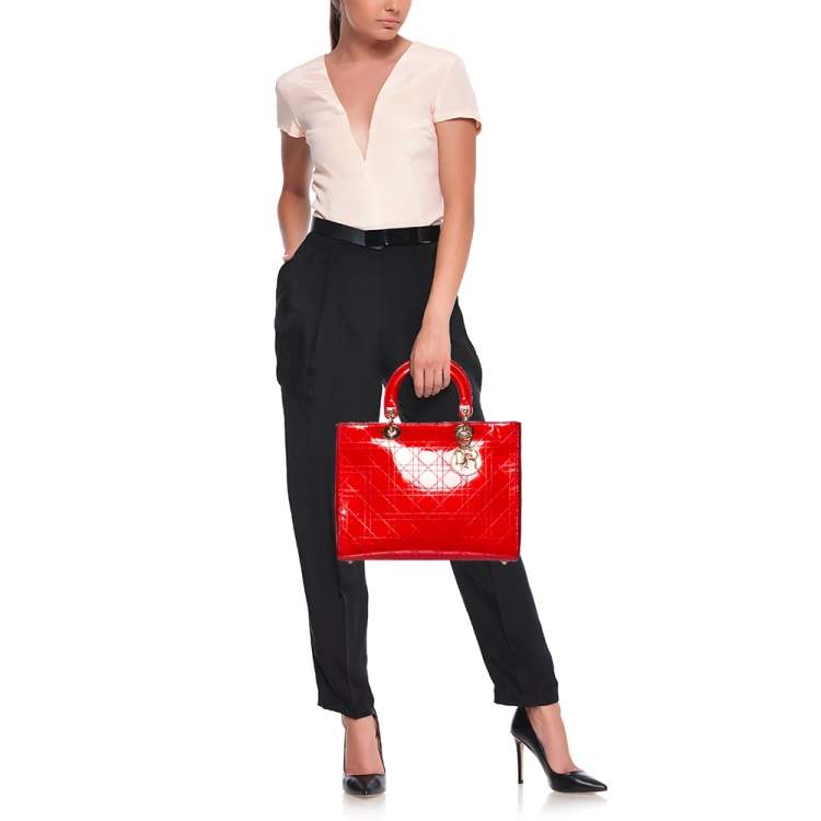 Pre Owned Dior Red Ultramatte Cannage Quilted Patent Leather Large Lady Dior Tote