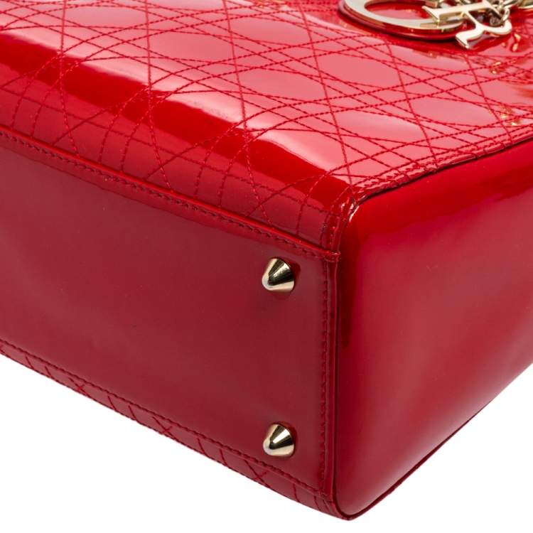 Pre Owned Dior Red Ultramatte Cannage Quilted Patent Leather Large Lady Dior Tote