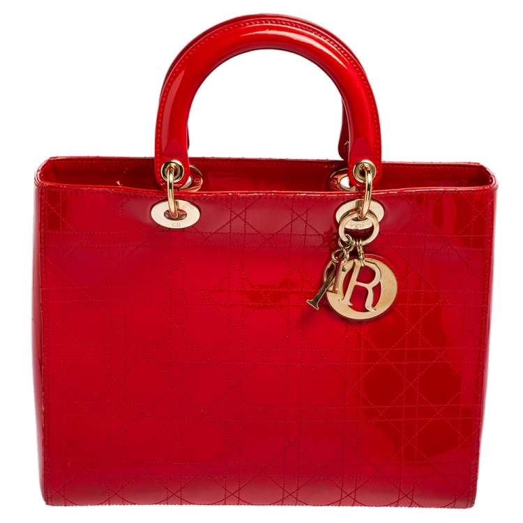 Pre Owned Dior Red Ultramatte Cannage Quilted Patent Leather Large Lady Dior Tote