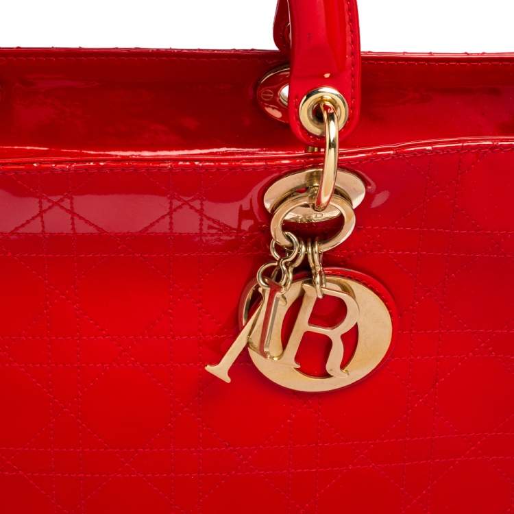 Pre Owned Dior Red Ultramatte Cannage Quilted Patent Leather Large Lady Dior Tote