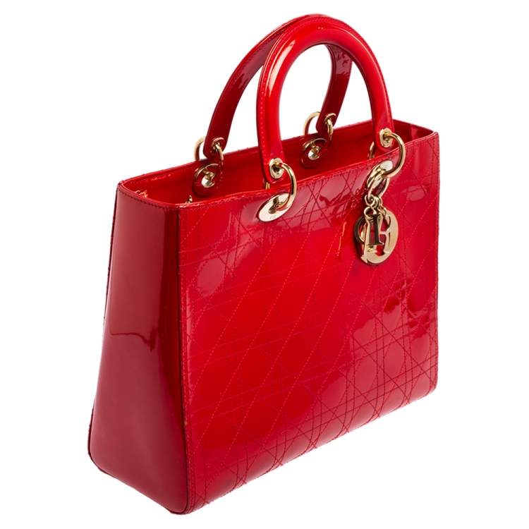 Pre Owned Dior Red Ultramatte Cannage Quilted Patent Leather Large Lady Dior Tote