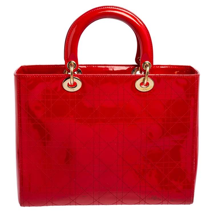 Pre Owned Dior Red Ultramatte Cannage Quilted Patent Leather Large Lady Dior Tote