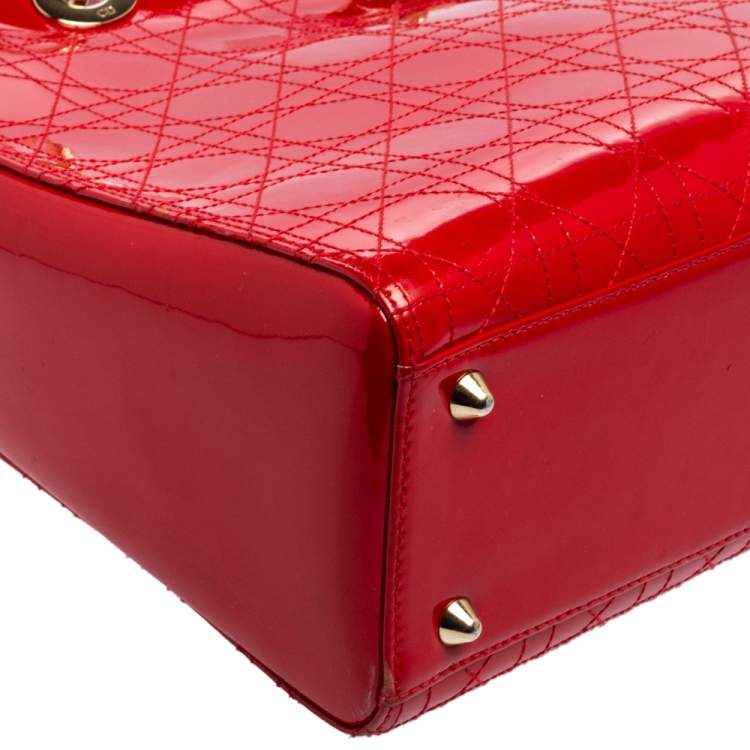 Pre Owned Dior Red Ultramatte Cannage Quilted Patent Leather Large Lady Dior Tote